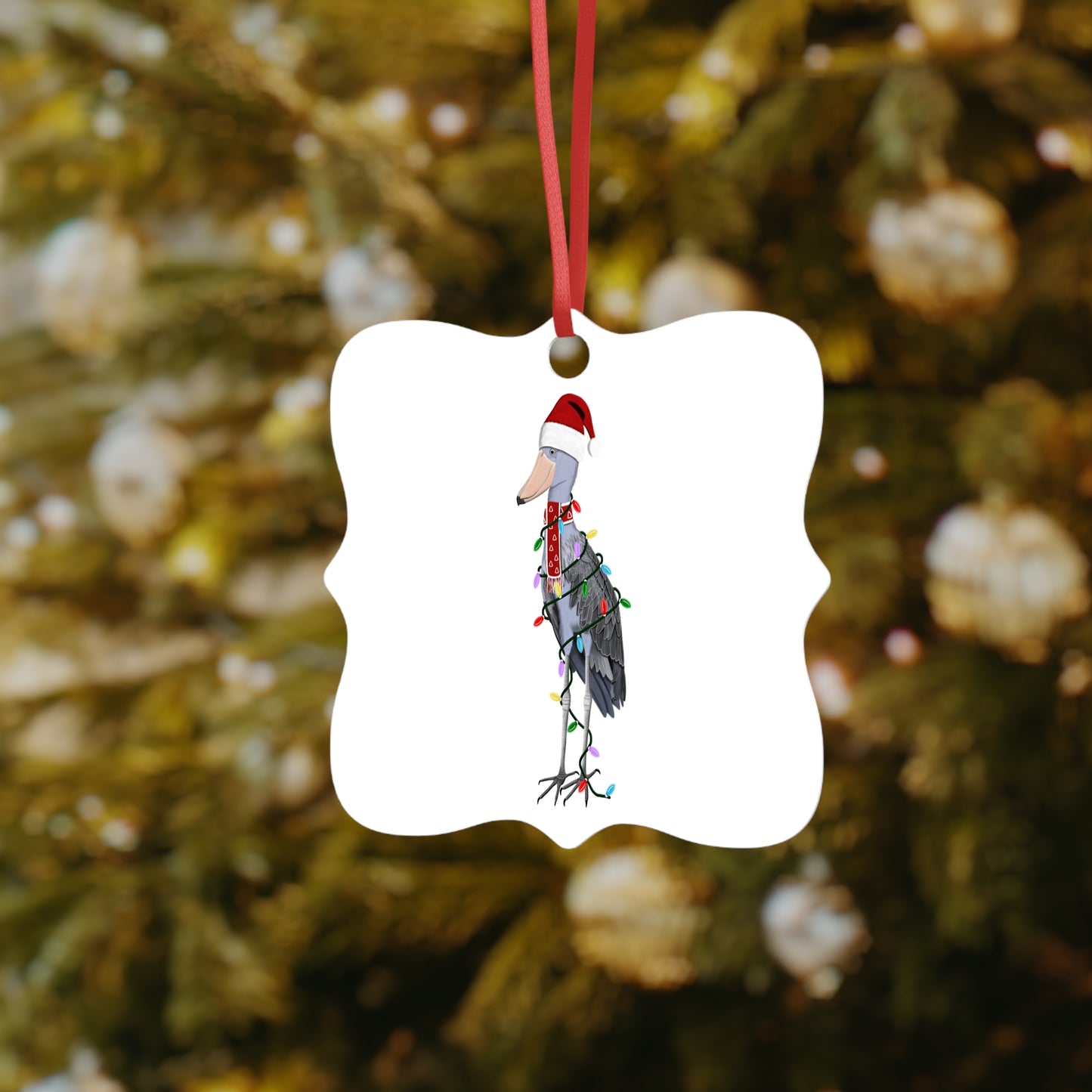 Schuhschnabel Ornament aus Aluminium – Einzigartiger Christbaumschmuck mit Rotem Band