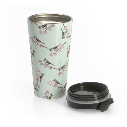 Tufted Titmouse & Cherry Blossom Travel Tumbler Sage Green | 15oz Birdwatching Coffee Mug –