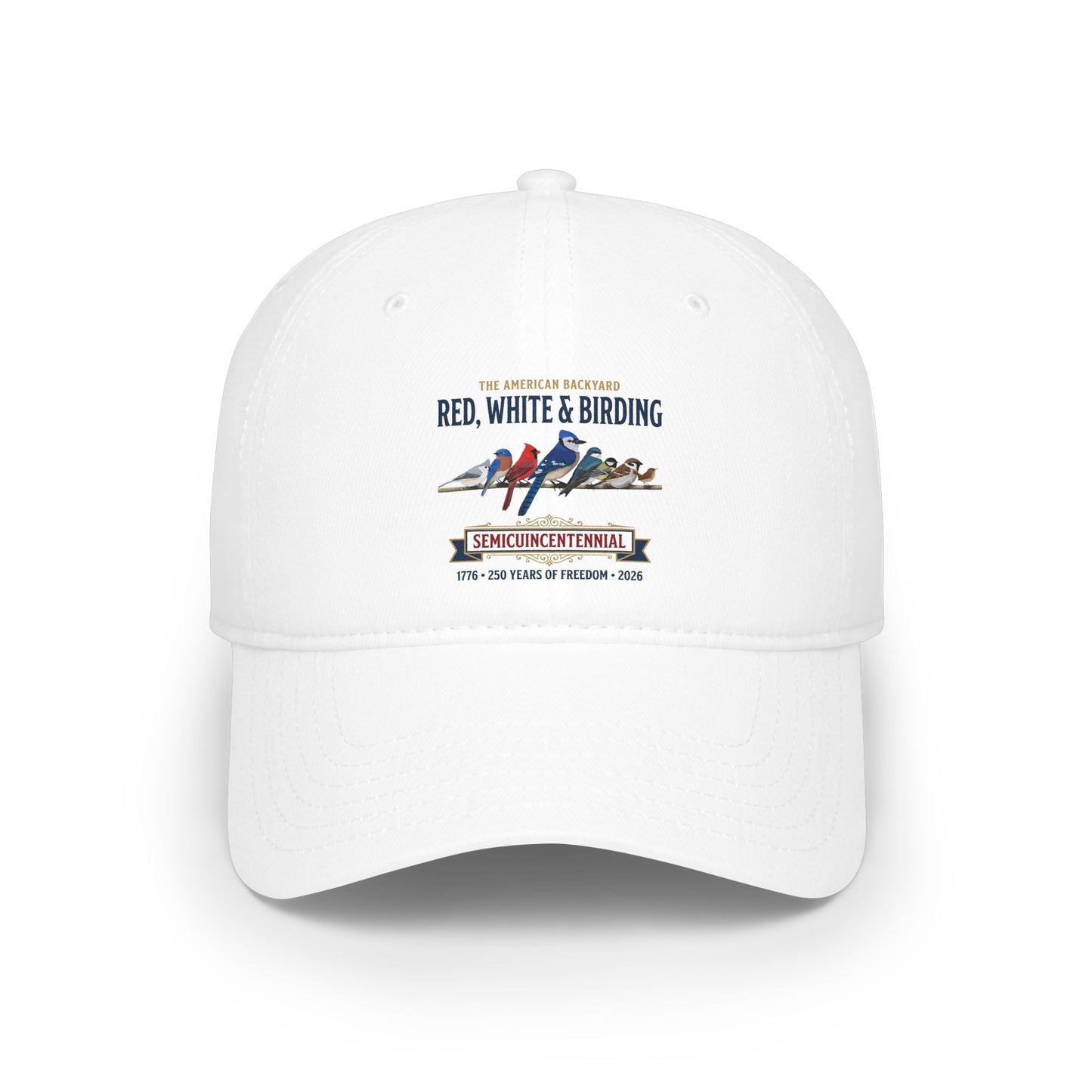 Red, White & Birding Branch Baseball Cap | Cardinal Blue Jay Bluebird 250th Anniversary Edition | jz.birds
