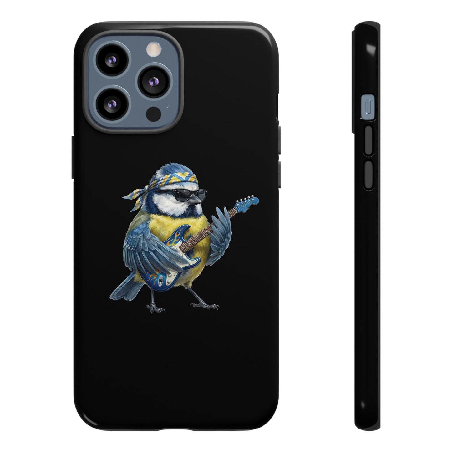 Blaumeise mit Gitarre Premium Handyhülle – Doppelt Geschützt & Rundum Bedruckt Schwarz