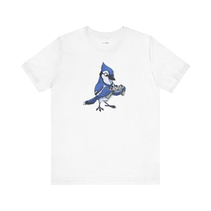 Blue Jay Playing Video Games Funny Gamer and Bird Lover T-Shirt