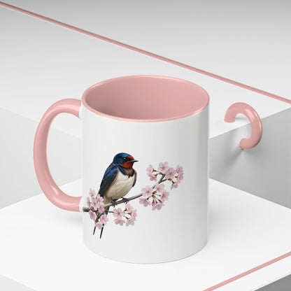 Barn Swallow Cherry Blossom Mug | Pink Ceramic Coffee Cup for Bird Lovers