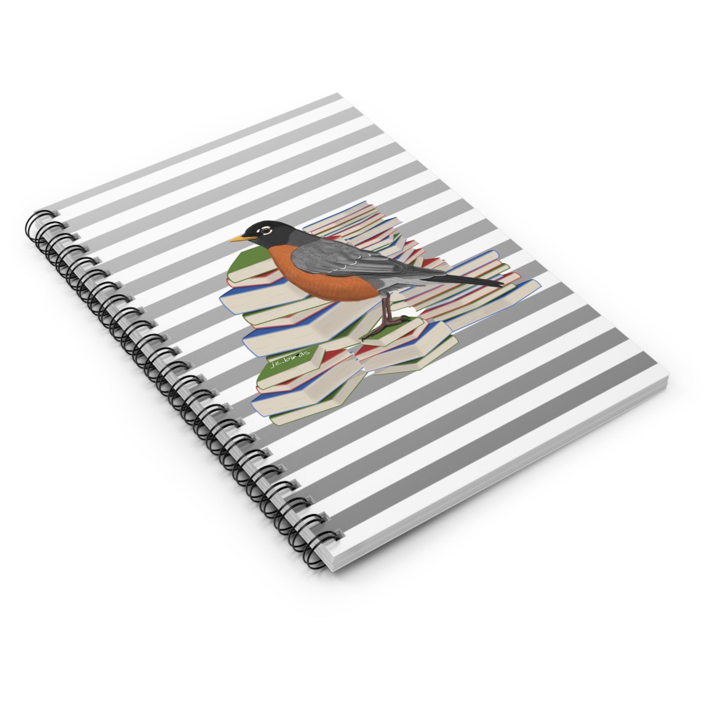 Robin Bird with Books Birdlover Bookworm Spiral Notebook Ruled Line 6" x 8"
