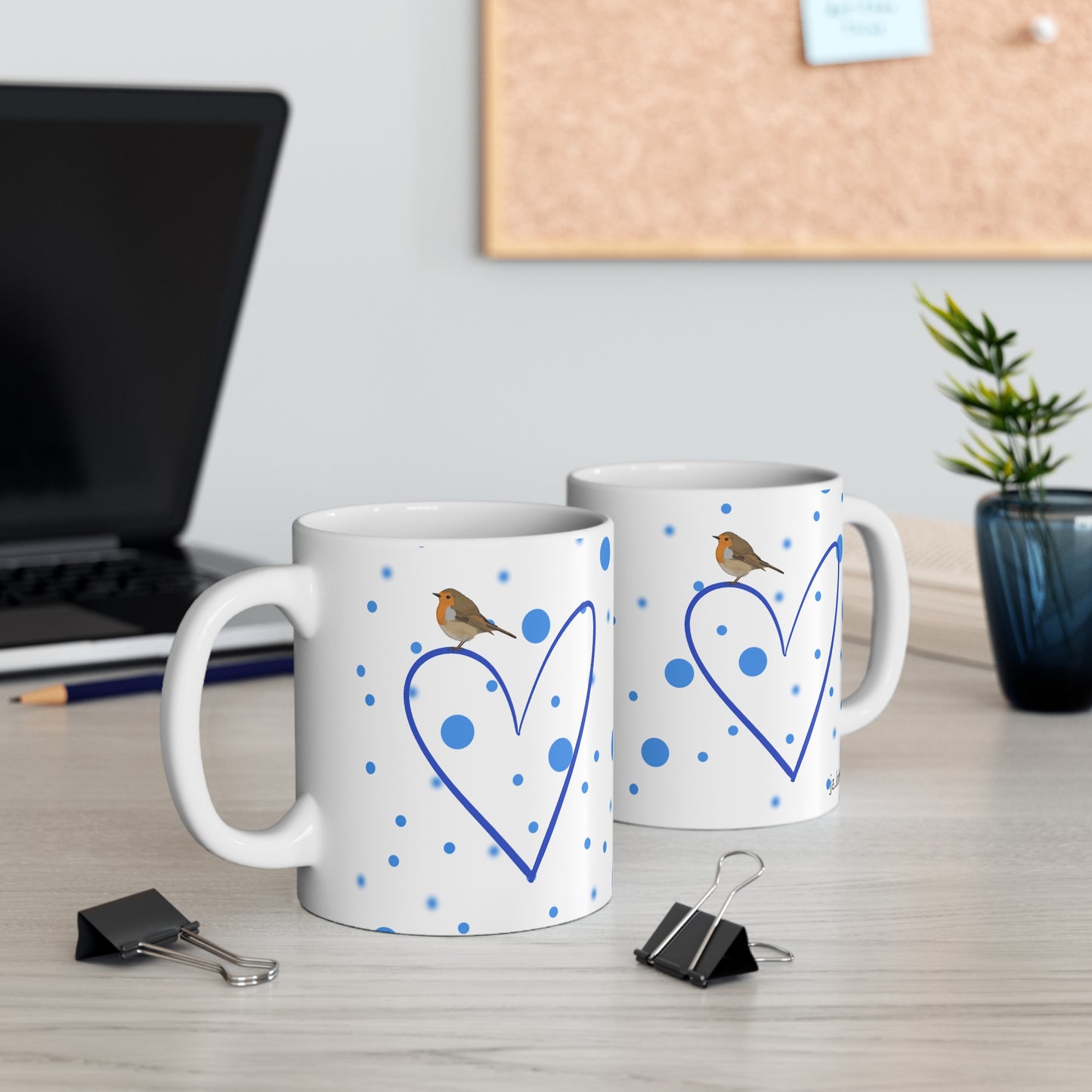 Robin Valentine's Day Bird Mug 11oz Blue Heart