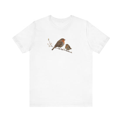 European Robin & Fledgling T-Shirt | Spring Blossoms Unisex Graphic Tee
