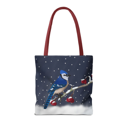 Blue Jay on a Winter Branch Christmas Bird Tote Bag 16"x16"