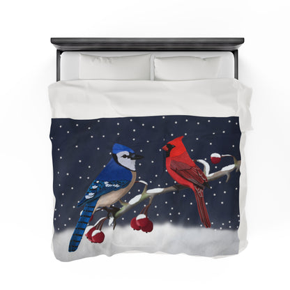 Blue Jay Cardinal Bird Christmas Winter Branch Velveteen Plush Blanket