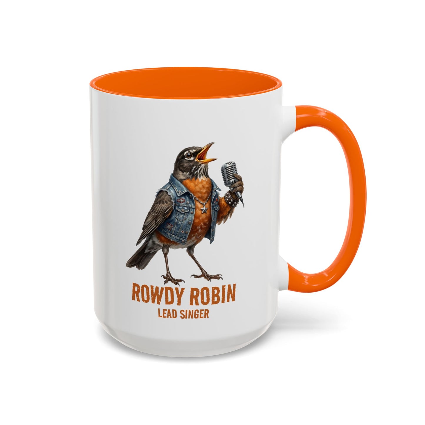 Mug with a robin illustration and 'Rowdy Robin Lead Singer' text on a white background