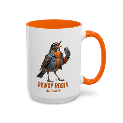 Mug with a robin illustration and 'Rowdy Robin Lead Singer' text on a white background