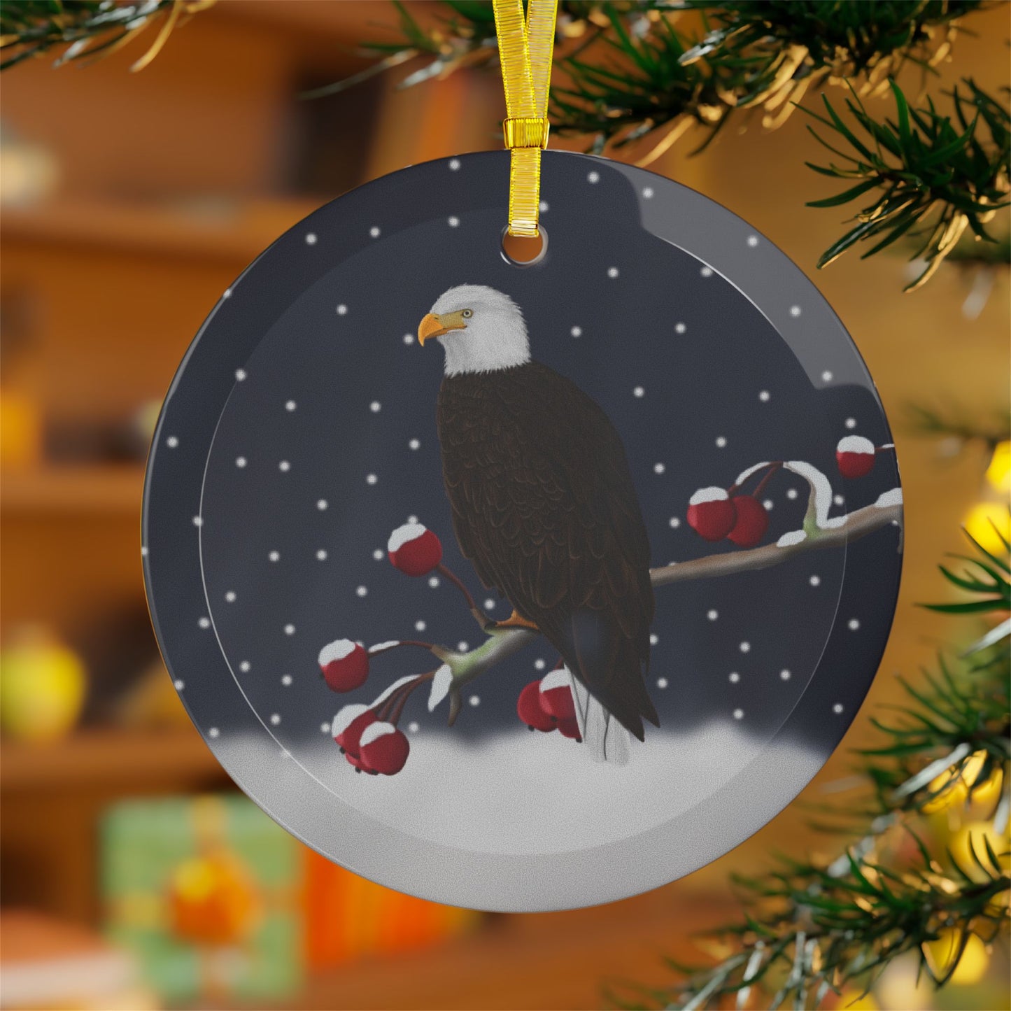 Bald Eagle on a Winter Branch Christmas Bird Glass Ornament