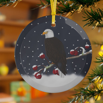 Bald Eagle on a Winter Branch Christmas Bird Glass Ornament