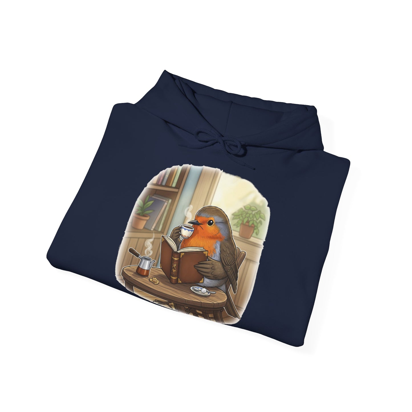 Rotkehlchen liest Bücher und trinkt Kaffee Vogel Hoodie - Kapuzenpullover für Vogelbeobachter mit Vogelmotiv