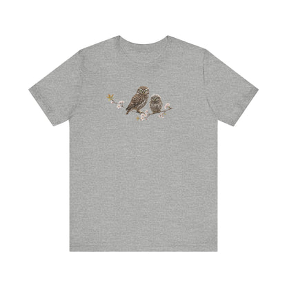 Eule Steinkauz & Jungvogel T-Shirt | Frühlingsblüten Vogelmotiv für Vogelbeobachter