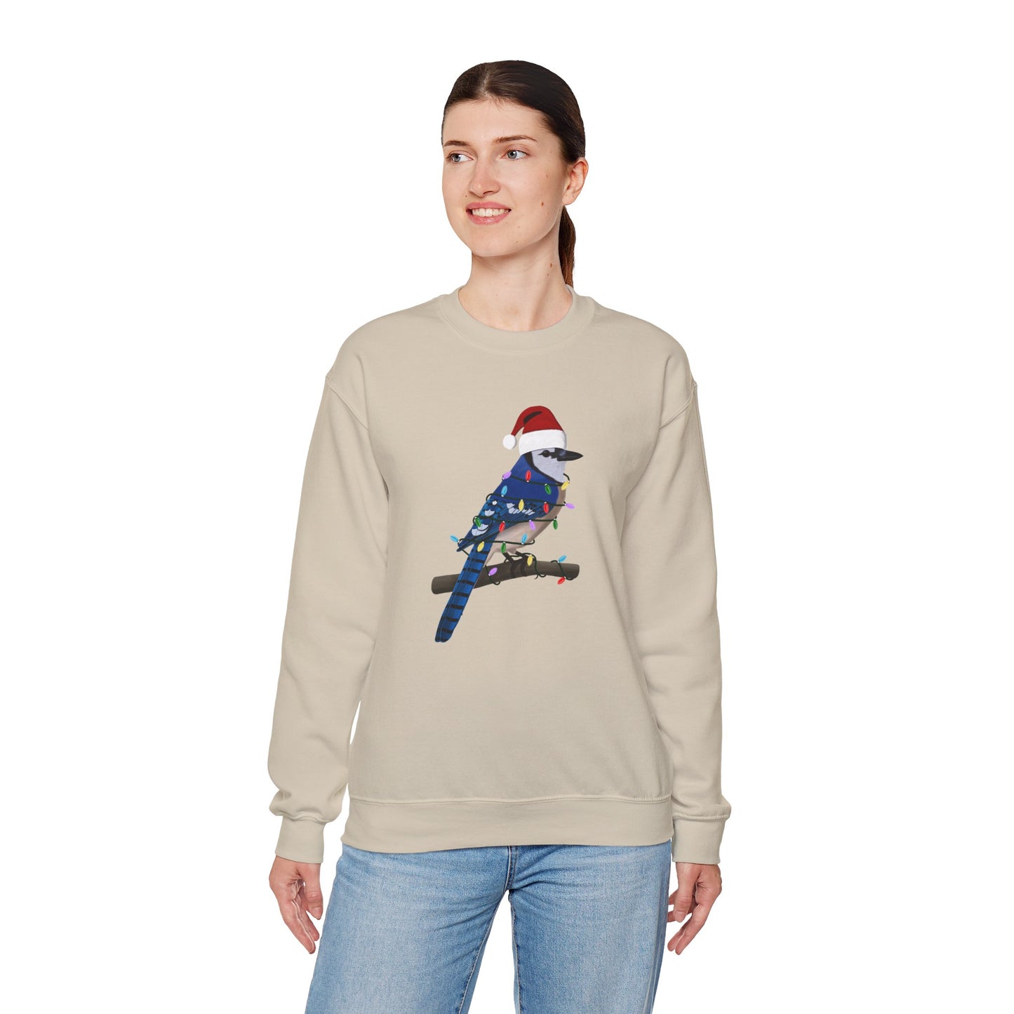 Blue Jay with Fairy Lights Santa Claus Christmas Bird Sweatshirt