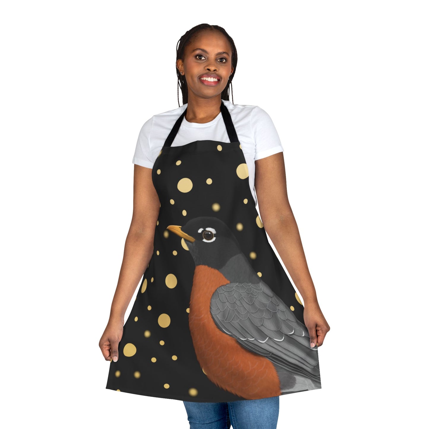 Robin Golden Dots Birdlover Bird Art Apron Black