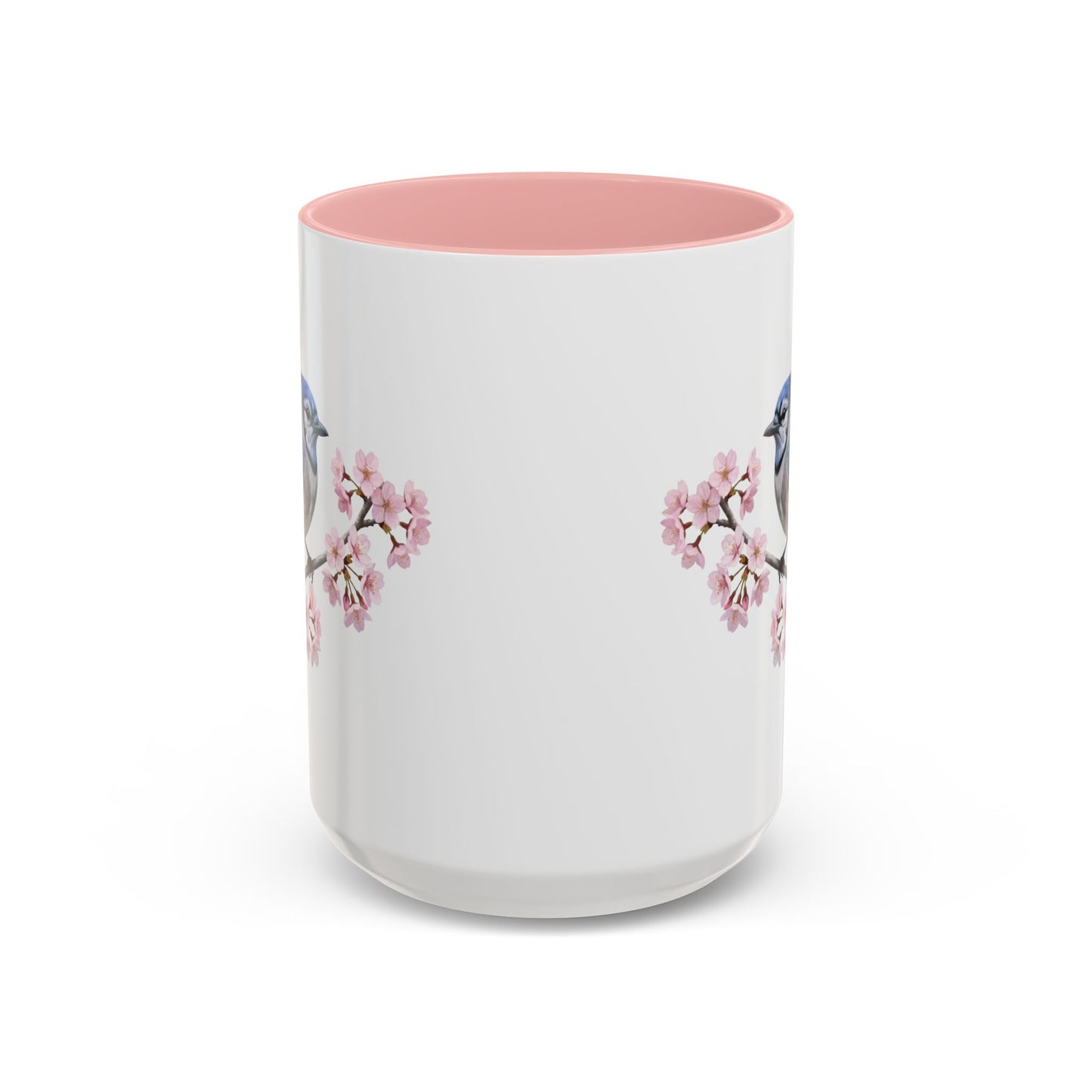 Blue Jay Cherry Blossom Mug | Pink Ceramic Coffee Cup for Bird Lovers