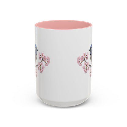 Blue Jay Cherry Blossom Mug | Pink Ceramic Coffee Cup for Bird Lovers
