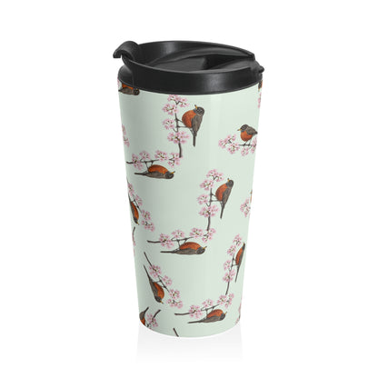 American Robin Tumbler – & Cherry Blossom Travel Sage Green | 15oz Birdwatching Coffee Mug