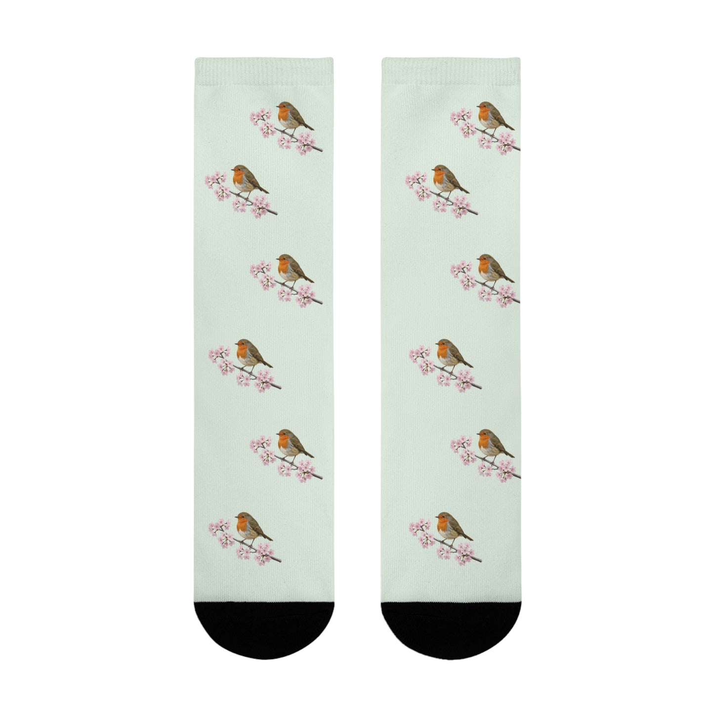 Rotkehlchen & Kirschblüten Socken in Salbeigrün | Weiche Baumwollmix-Socken für Naturfreunde