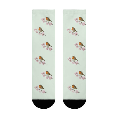 Rotkehlchen & Kirschblüten Socken in Salbeigrün | Weiche Baumwollmix-Socken für Naturfreunde