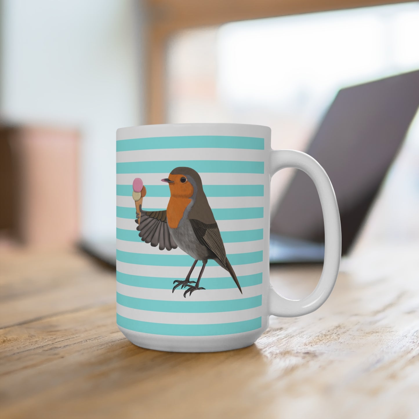 Rotkehlchen mit Eis Vogel Tasse Türkis Weiß