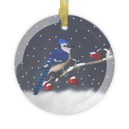 Blue Jay on a Winter Branch Christmas Bird Glass Ornament