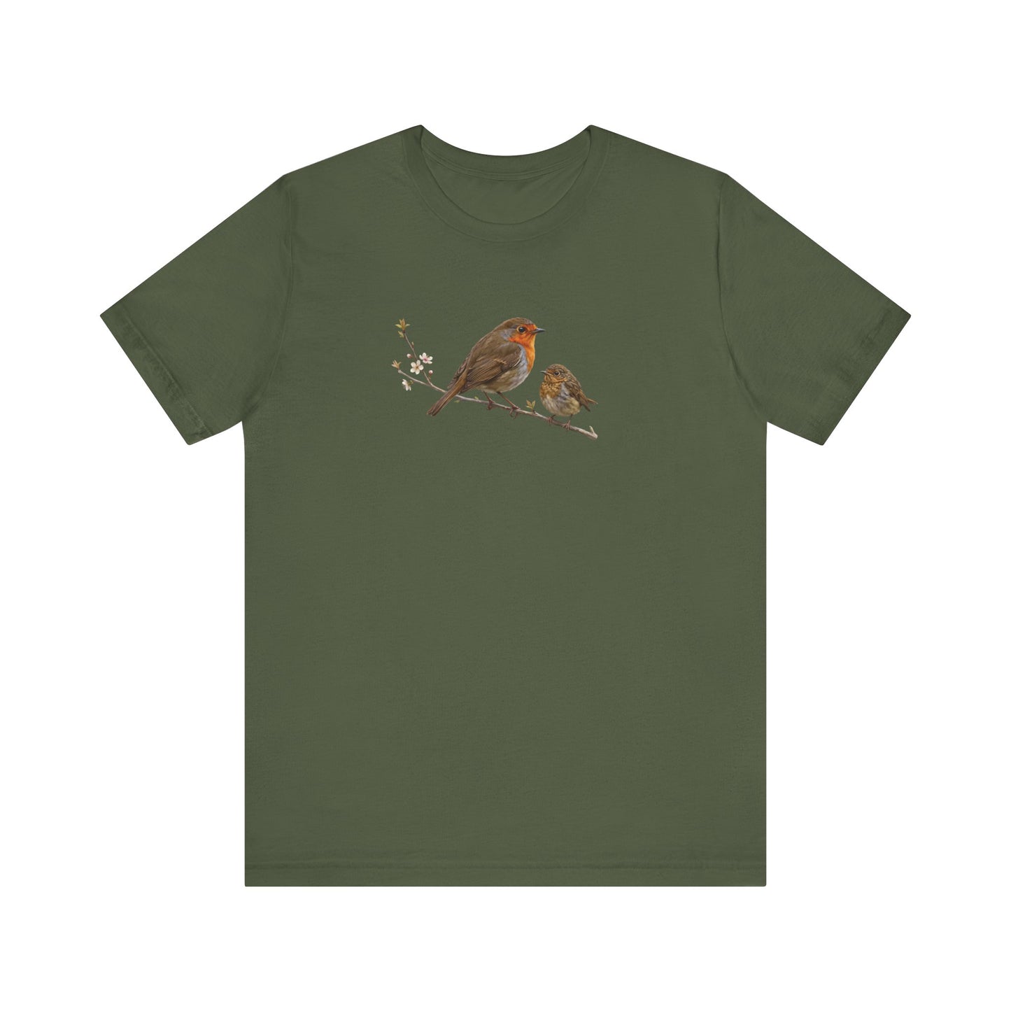 European Robin & Fledgling T-Shirt | Spring Blossoms Unisex Graphic Tee