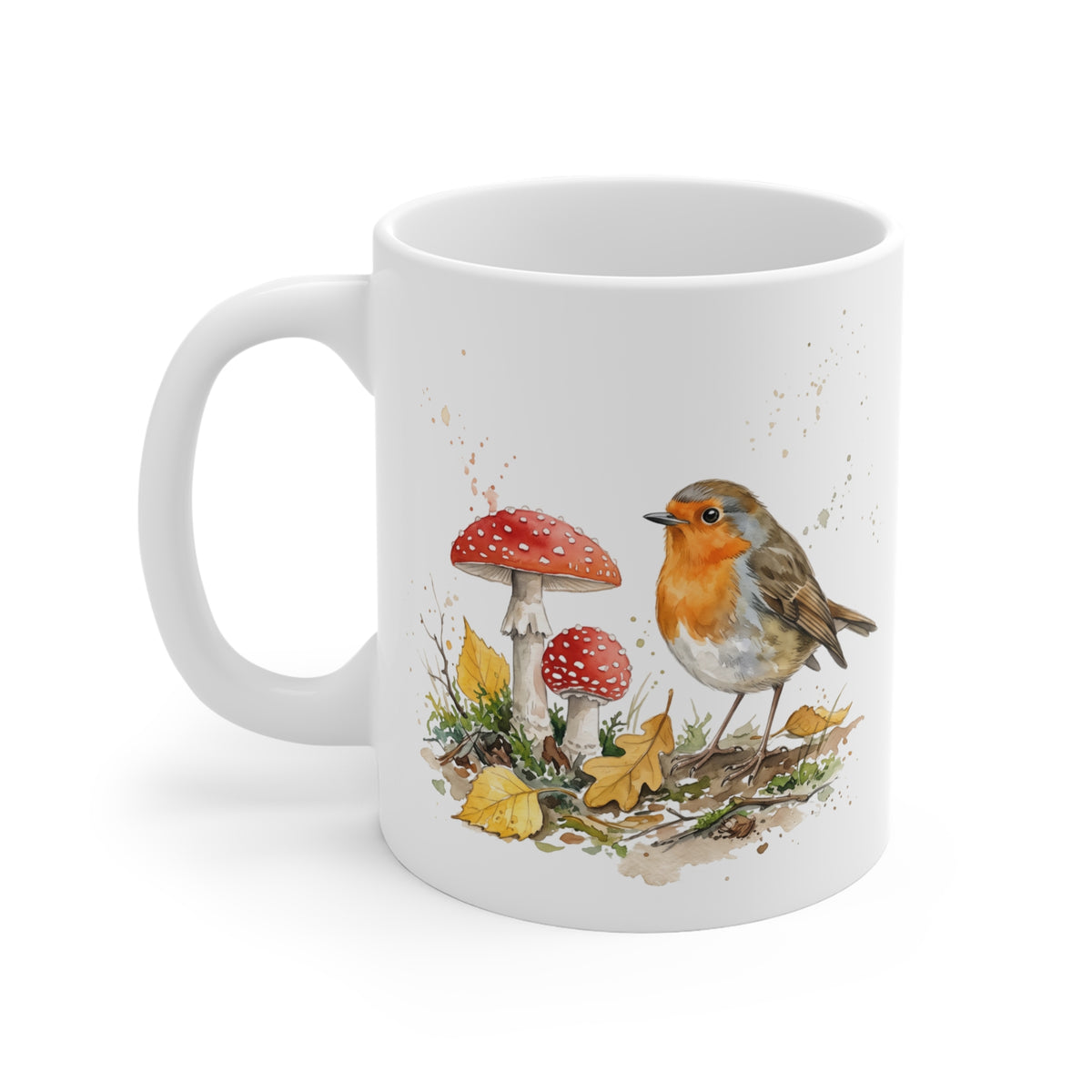 Rotkehlchen Herbst-Tasse – Gemütlicher Kaffeebecher mit Laub & Fliegenpilzen