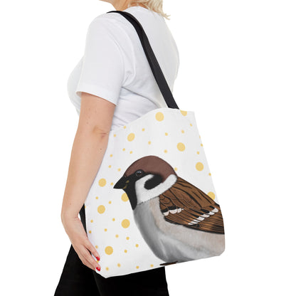 Tree Sparrow Golden Dots Bird Tote Bag 16"x16" White