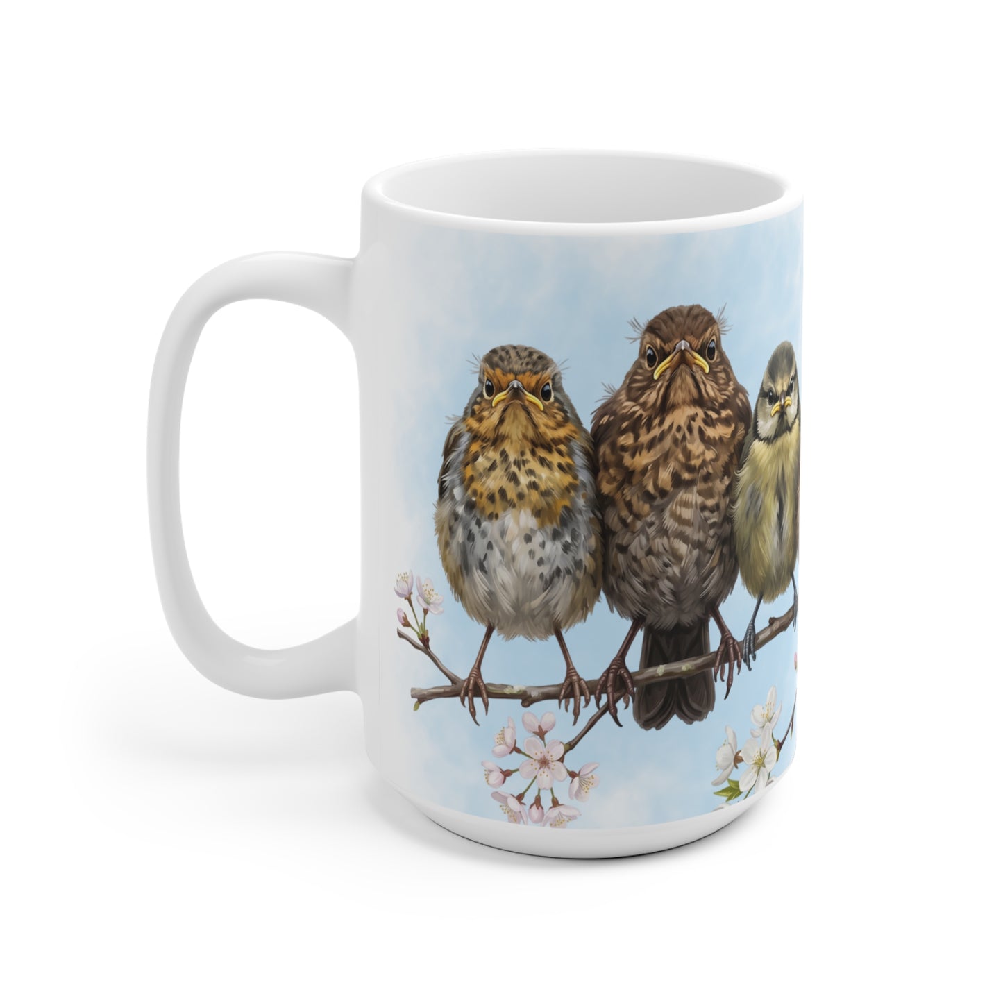 Amsel Rotkehlchen Eule Ästlinge Premium Keramiktasse | Geschenk für Vogelbeobachter