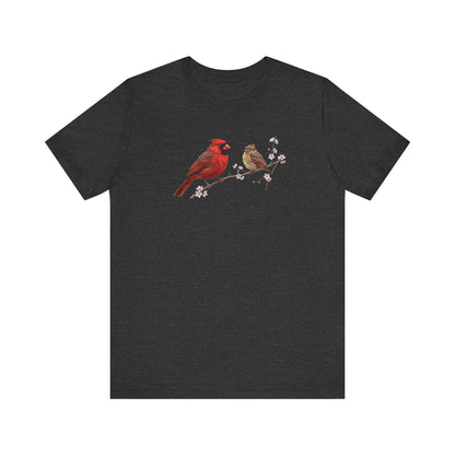 Northern Cardinal & Fledgling T-Shirt | Spring Blossoms Unisex Graphic Tee