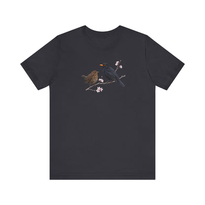 Amsel & Jungvogel T-Shirt | Frühlingsblüten Vogelmotiv für Vogelbeobachter