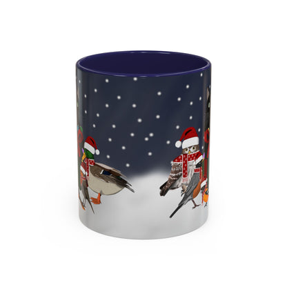 Robin Oriole Mallard Owl and Cat with Christmas Hat and Scarf Snow Bird Coffee Mug