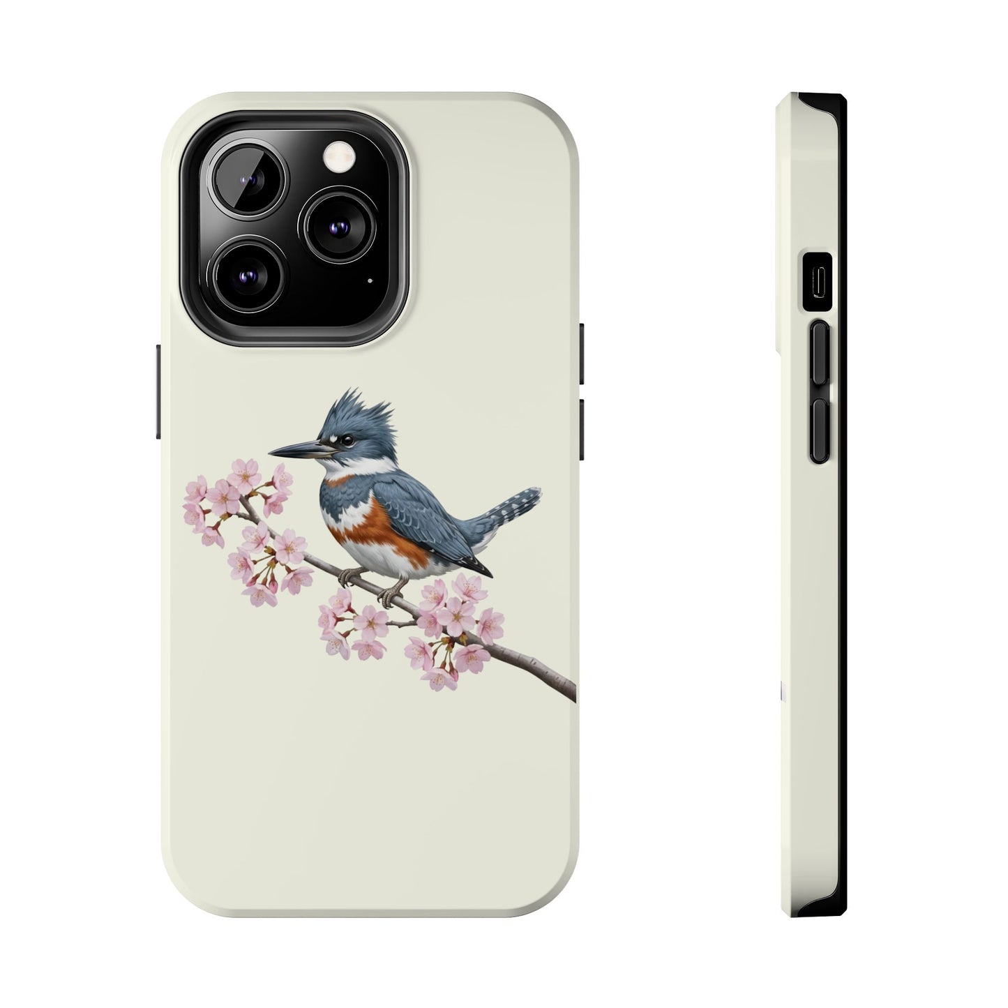 Belted Kingfisher & Cherry Blossom Tough iPhone Case Creamy White