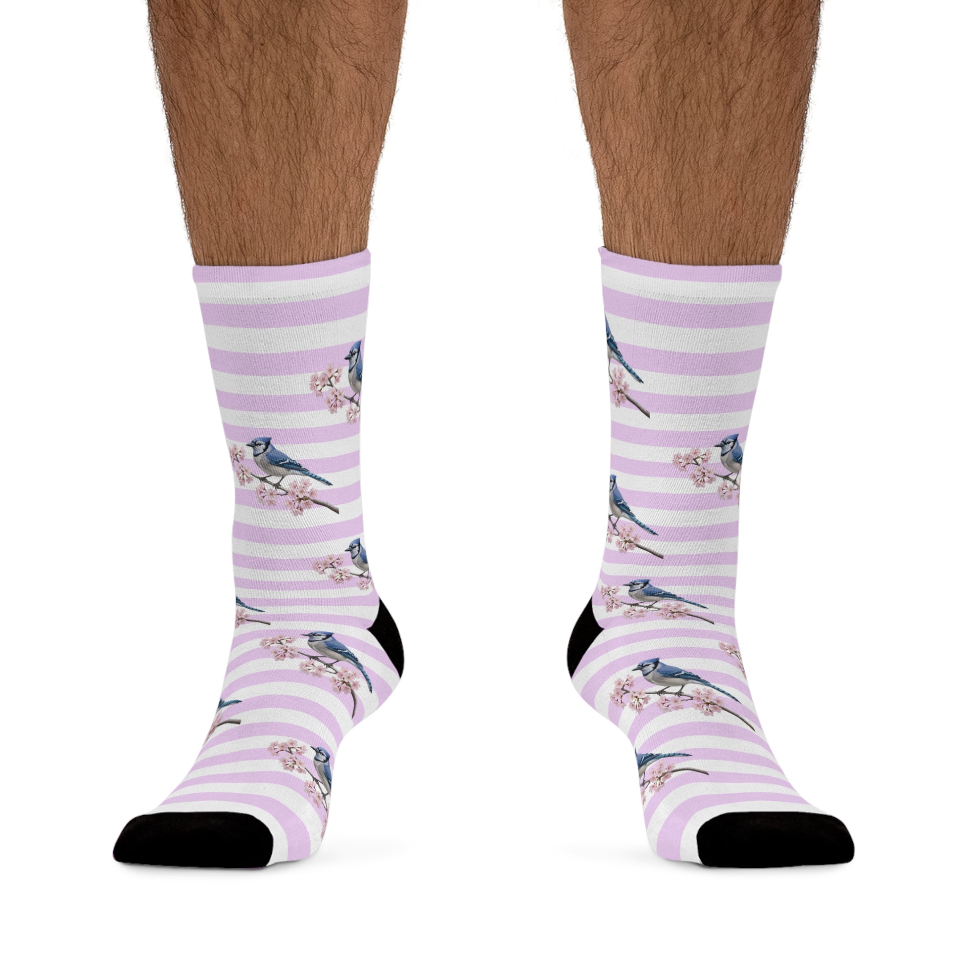 Blue Jay Socks – Pink Cherry Blossom – Cute Birdwatching & Bird Lover Gift