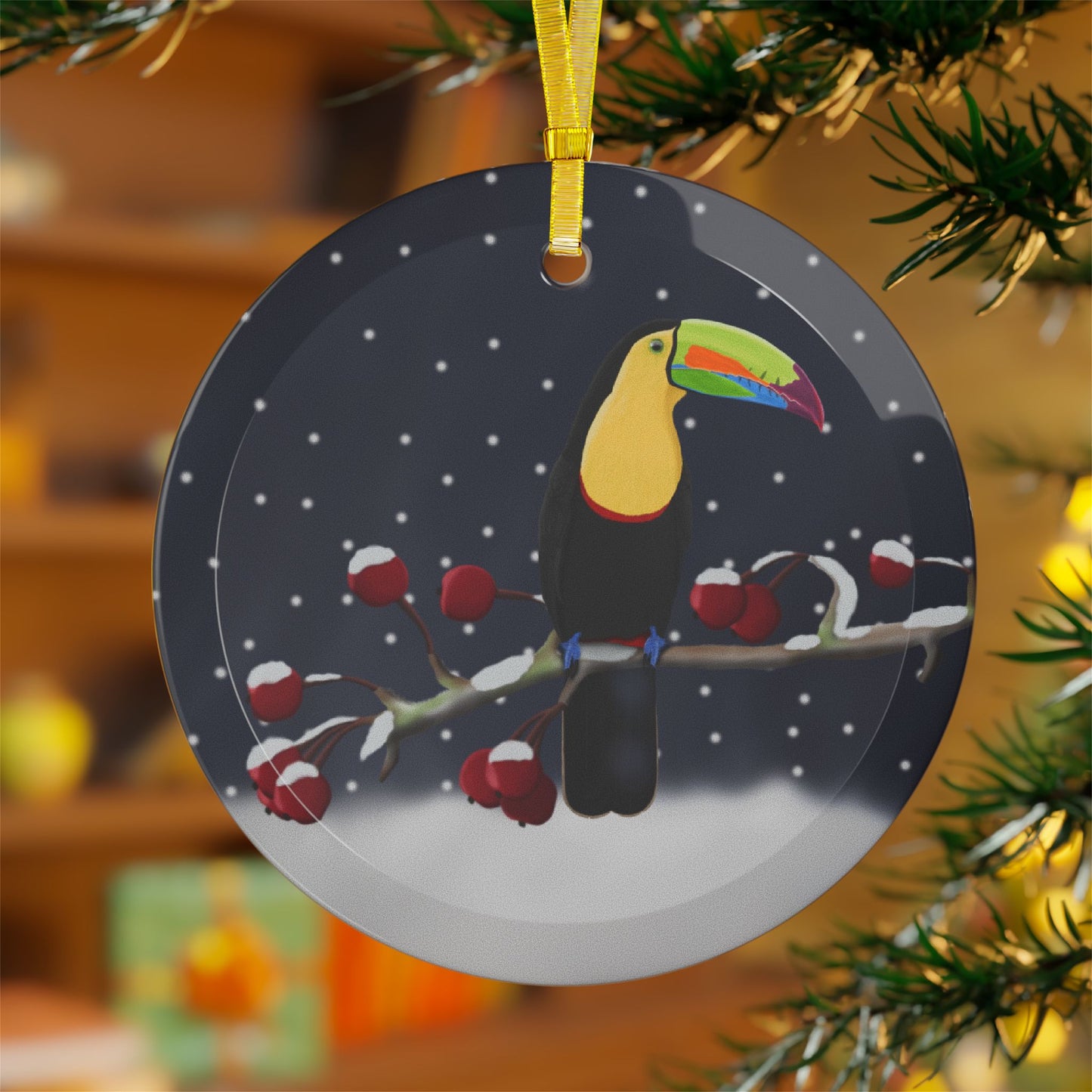 Toucan on a Winter Branch Christmas Bird Glass Ornament