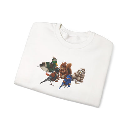 Cozy Winter Crewneck: Backyard Birds & Squirrel in Knitwear