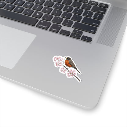 American Robin Cherry Blossom Sticker | Glossy Floral Bird Decal | Spring Laptop Sticker