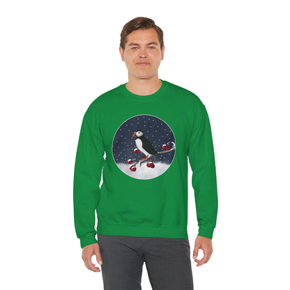 Puffin on a Winter Branch Birdwatcher Christmas Bird Sweatshirt