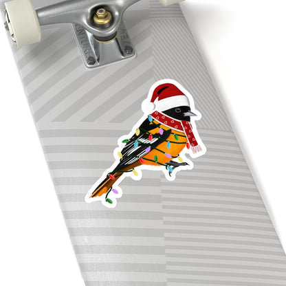 Baltimore Oriole with Fairy Lights Santa Claus Hat and Scarf Christmas Bird Sticker