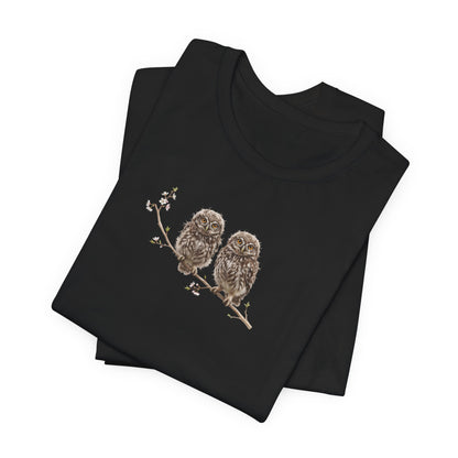 Little Owl Fledgling T-Shirt | Spring Blossoms Unisex Graphic Tee for Bird Watchers