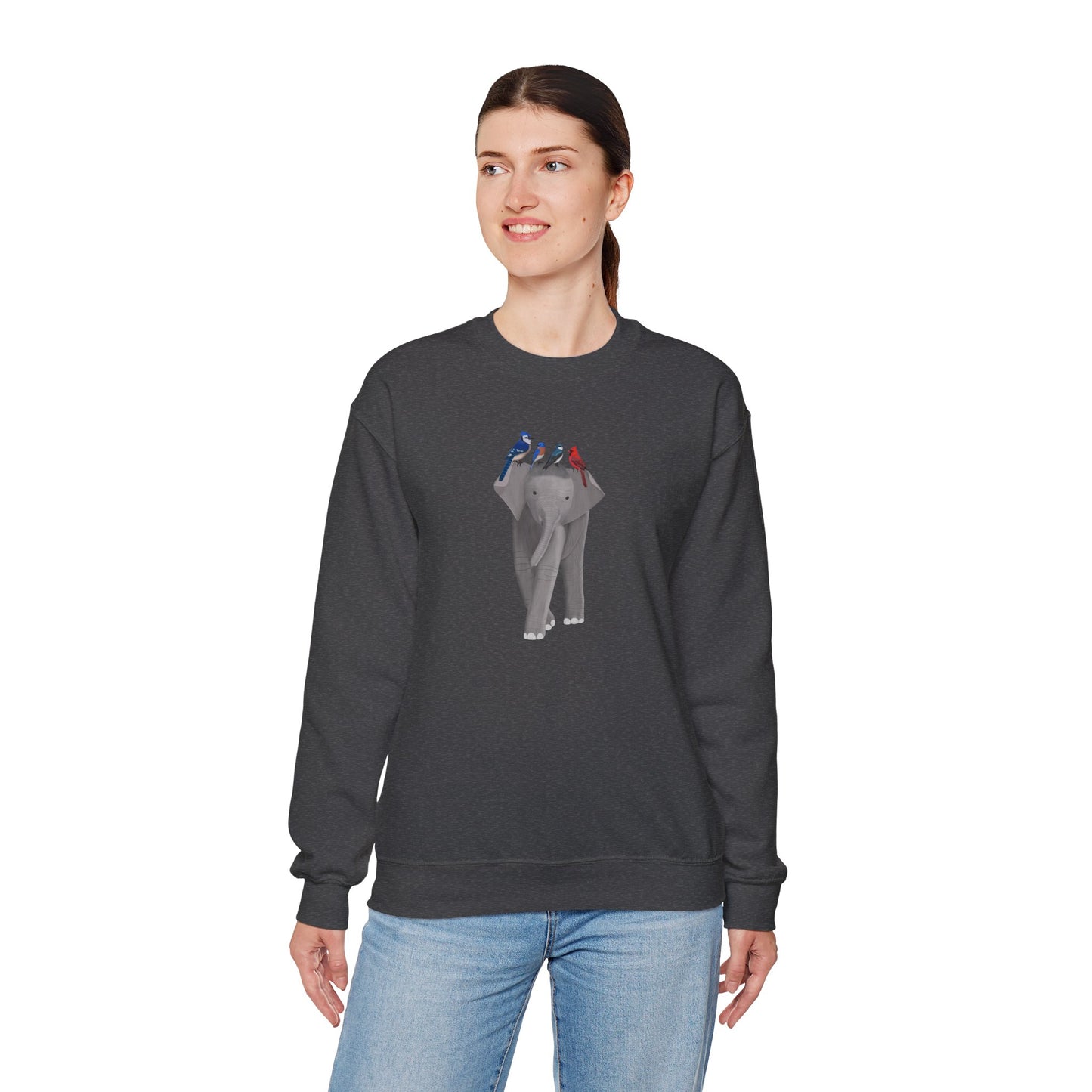 Elephant with Birds Cardinal Blue Jay Bluebird Tree Swallow Sweatshirt