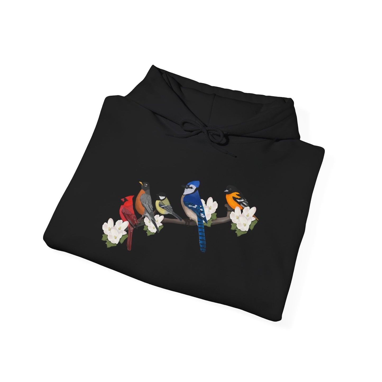 Backyard Birds on a Branch Blue Jay Cardinal Robin Chickadee Oriole Birdwatcher Hoodie