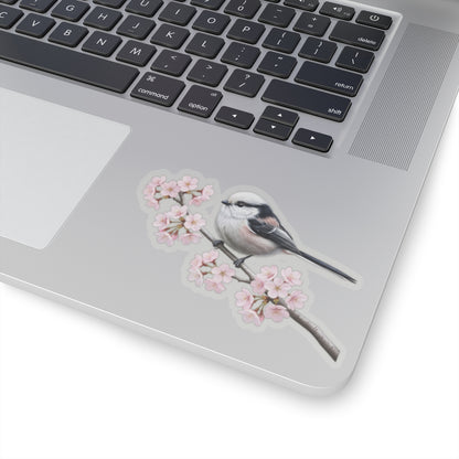 Long Tailed Titmouse Cherry Blossom Sticker | Glossy Floral Bird Decal | Spring Laptop Sticker