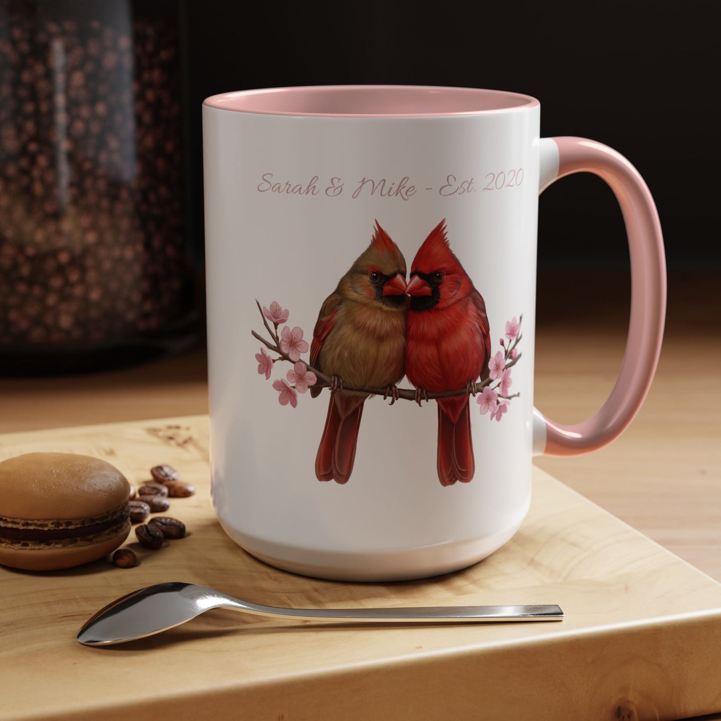Personalized Cardinal Couple Mug – Cherry Blossom Design with Custom Names (Pink Accent)