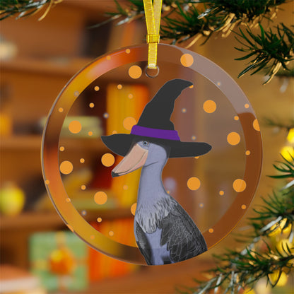 Shoebill with Witch Hat Halloween Bird Glass Ornament