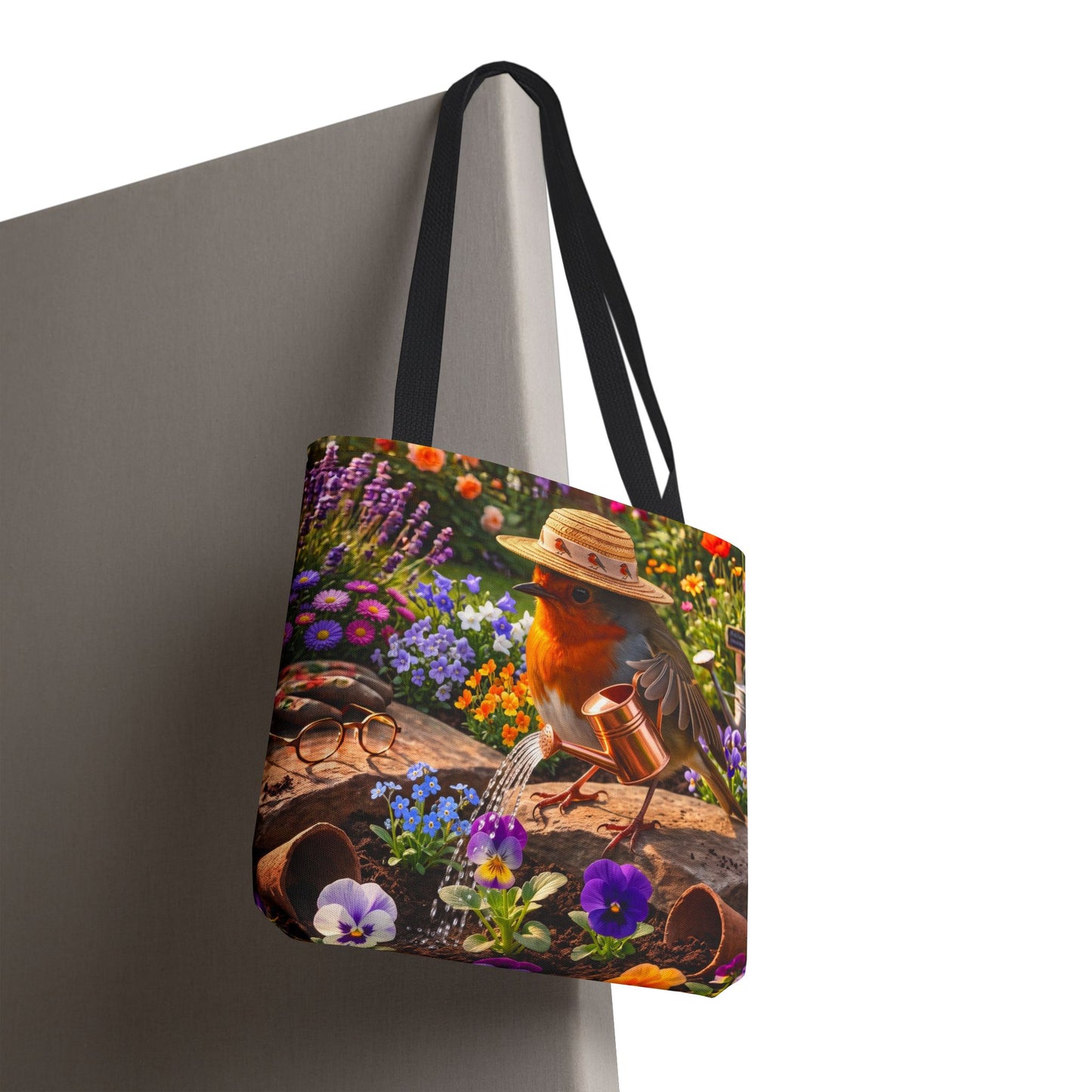 Niedliche Rotkehlchen Stofftasche beim Blumen gießen | Gemütlicher Garten-Shopper