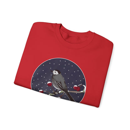 White Wagtail on a Winter Branch Birdwatcher Christmas Bird Sweatshirt