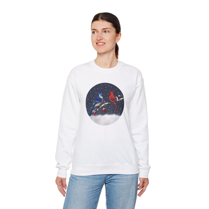 Blue Jay and Cardinal on a Winter Branch Christmas Bird Sweatshirt