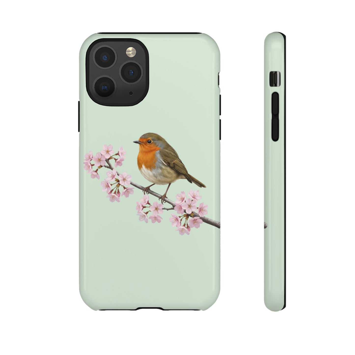 Rotkehlchen Handyhülle in Salbeigrün | Florales Kirschblüten Vogel-Motiv für iPhone & Google Pixel